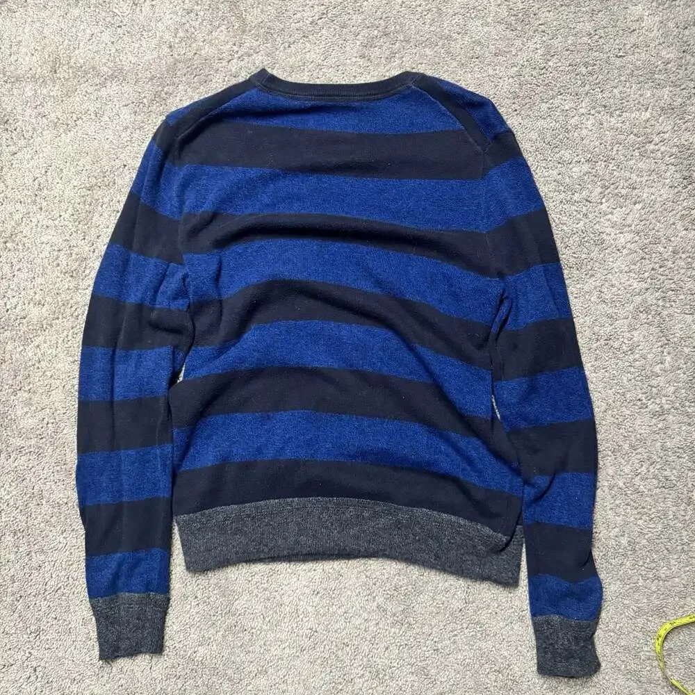 American Eagle Outfitters Men's Blue and Black Striped Crew Neck Long Sleeve Swe
